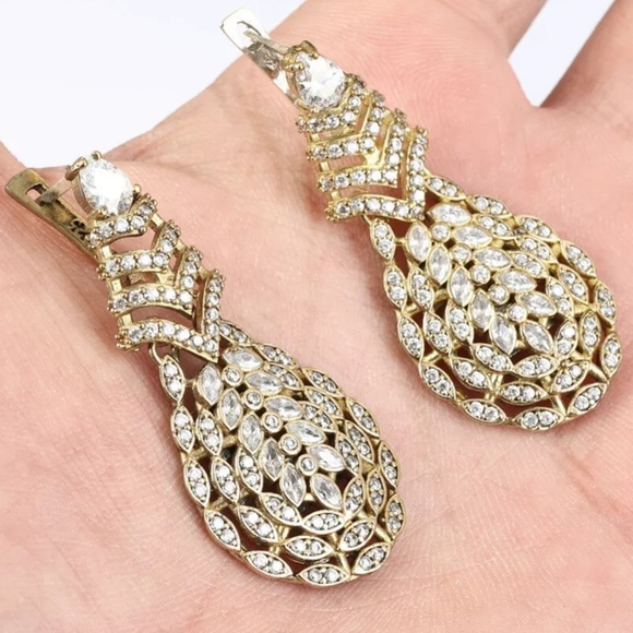 White Topaz silver, bronze & gold Chevron earrings